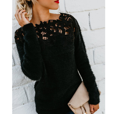 Women Fashion Black Knitted Pullover Jumper Sweater Warm Long Sleeve Knitwear Top Lace Hollow Floral Winter Sweater jersey mujer ► Photo 1/5