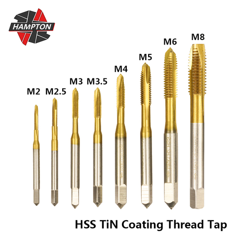 Hampton HSS TiN Coating Screw Tap Drill Bit M2 M2.5 M3 M3.5 M4 M5 M6 M8 Hand Tap For Metal Working Metric Straight Thread Tap ► Photo 1/6