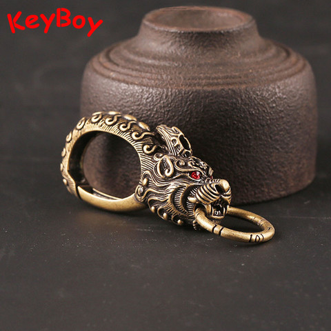 Pure Brass Red Eyes Dragon Head Keyrings Zodiac Dragon Keychain Men Waist Buckle Car Key Chain Pendant Charms Vintage  Jewelry ► Photo 1/6