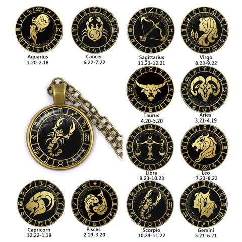 12 Constellation Scorpio Sagittarius Capricorn Aquarius Pendant Antique Bronze Necklace Glass Dome Zodiac Jewelry For Gift ► Photo 1/6