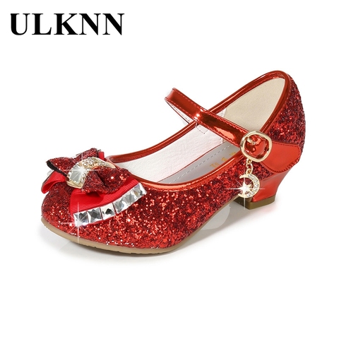 ULKNN Kids Leather Shoes for Girls Flower Casual Glitter Children High Heel 2022 Girls Shoes Butterfly Knot Blue Pink Silver ► Photo 1/6