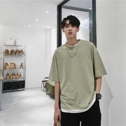 Hip Hop T-Shirts Solid Color Men Short Sleeve Round Neck Loose Patchwork Oversize Korean Harajuku BF Fake Two Piece Tee Top ► Photo 1/6