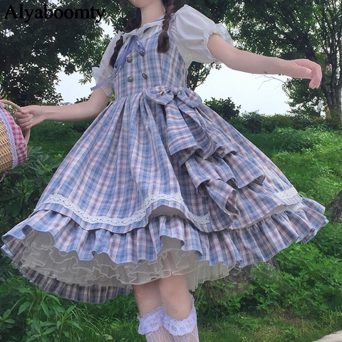 New Japanese Lolita Style Women Sundress Suspenders Plaid Bow Lace Ruffles Sleeveless Dress Cute Kawaii Sweet Girl's JSK Dresses ► Photo 1/6