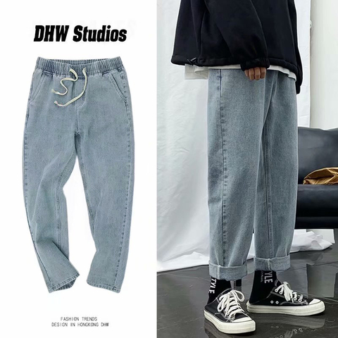 Buy Online Jeans Men Loose Straight Leg Pants Elastic Waist Teenager Casual Elastic Pants Mouth Kpop Clothes Hip Hop Wide Leg Long Retro Alitools