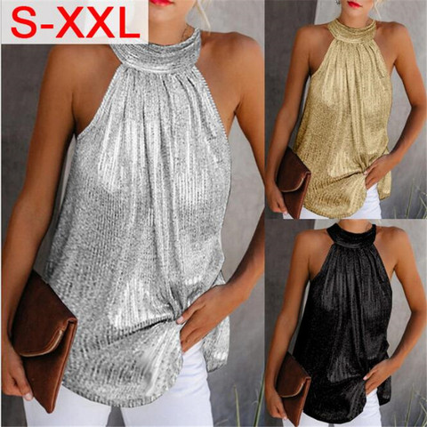Womens Fashion Shiny Halter Neck Tank Tops Vest Ladies Summer Casual Solid Color Sleeveless T shirt Blouse Black Gold Silver ► Photo 1/6