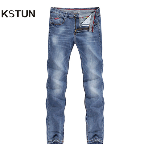 Mens Jeans 2022 Summer Thin Business Casual Straight Slim Fitness Elastic Light Blue Soft Gentleman Trousers Cowboys Jean Hombre ► Photo 1/6