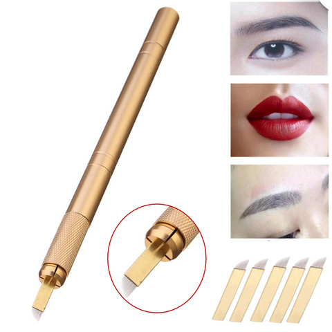 5pcs 12pin Blade Needles+Golden Tebori 3D Pen Microblading Tattoo Machine For Permanent Makeup Eyebrow Tattooing Manual Guns ► Photo 1/6