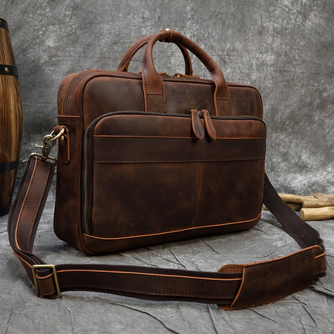 Vintage Men's Crazy Horse Genuine Leather Briefcase Cowhide Business Handbag Cow Leather Laptop Portfolio Shoulder Messenger Bag ► Photo 1/6