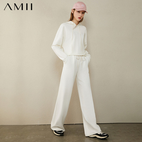 AMII Minimalism Autumn Causal Women Hoodies Set Embroidery Hooded Loose Sweater Hoodies Solid ElasticWaist Female Pants 12040389 ► Photo 1/5