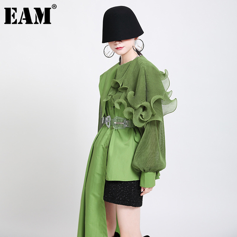 [EAM] Women Green Ruffles Irregular Big Size Blouse New Lapel Long Sleeve Loose Fit Shirt Fashion Tide Spring Autumn 2022 1DA218 ► Photo 1/1