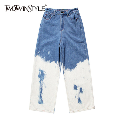 TWOTWINSTYLE Casual Loose Painted Women Full Length Jeans High Waist Hit Color Asymmetrical Denim Wide Leg Pants For Female Tide ► Photo 1/6