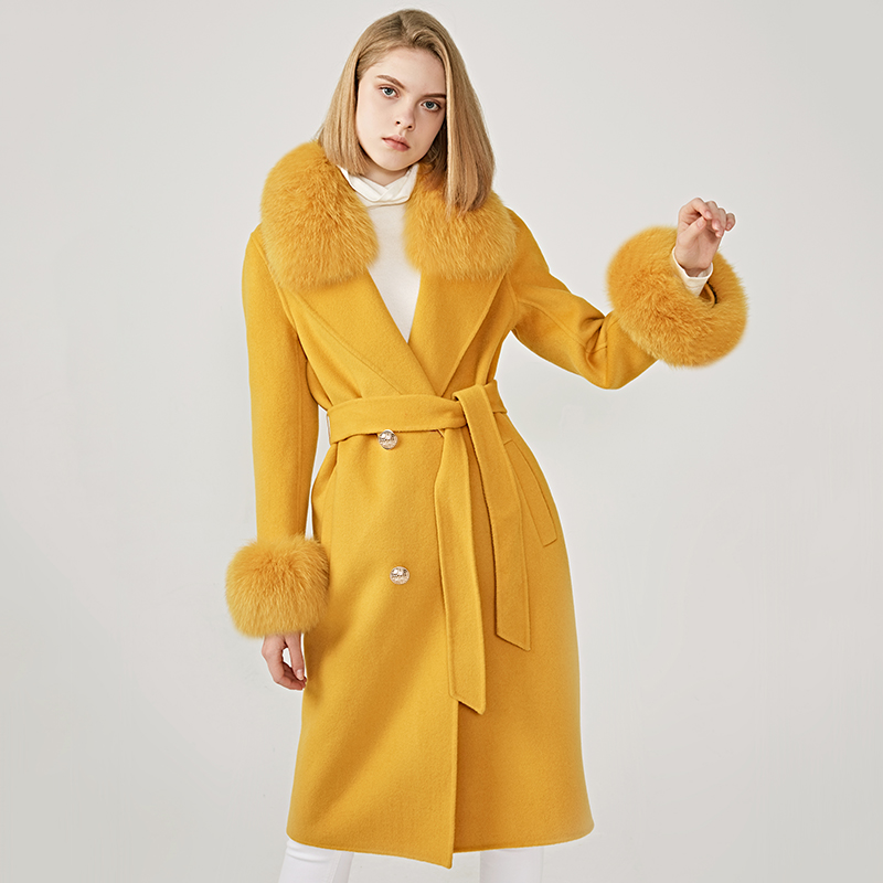 Women's 100% Wool Real Fox Fur Collar Hooded Winter Cashmere Outwear Jacket Coat 