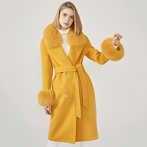 Women's Wool Coat Spring Real Fox Fur Collar Woolen Jacket Adjustable Waist Slim Ladies Long Overcoat ► Photo 1/6