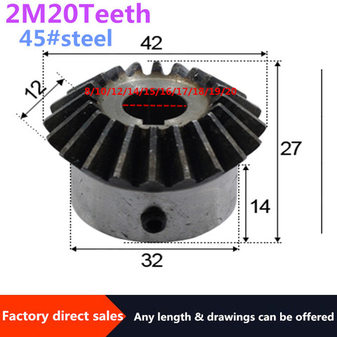 1pc Bevel Gear 2M 20Teeth inner hole 8/10/12/14/15/16/17/18/19/20 mm gear 90 degrees  meshing angle Steel Gears Screw Hole M5 ► Photo 1/6