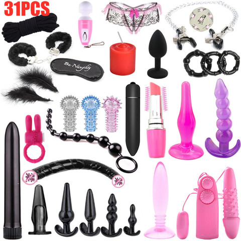 31pcs set sex toy woman bondage handcuffs sex bdsm vibrator anal insertion nipple clip chain vibrator adult toys game ► Photo 1/6