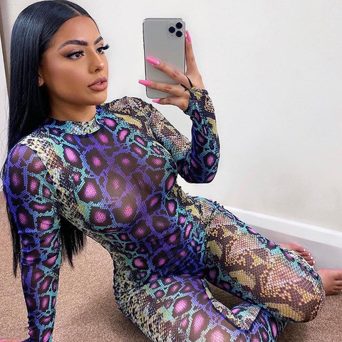 Snakeskin Print Sexy Jumpsuit Women Long Sleeve Turtleneck Bodycon Jumpsuit Rompers Autumn Club Sexy Female Streetwear ► Photo 1/6