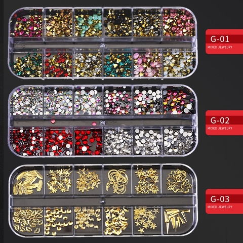 12 Grid Multi-size Nail Rhinestones 3D Crystal AB Clear Nail Stones Gems Pearl DIY Nail Art Decorations Gold Silver Rivet Rhines ► Photo 1/6