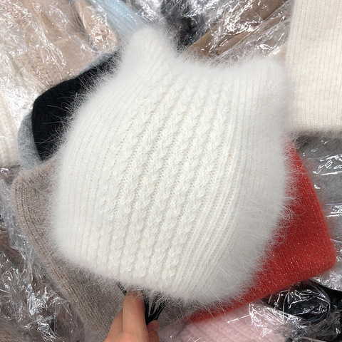 202212-shi9166 winter Angora rabbit h  keep warm knitting cat ear cute  leisure lady Skullies Beanies cap men women cool hat ► Photo 1/5