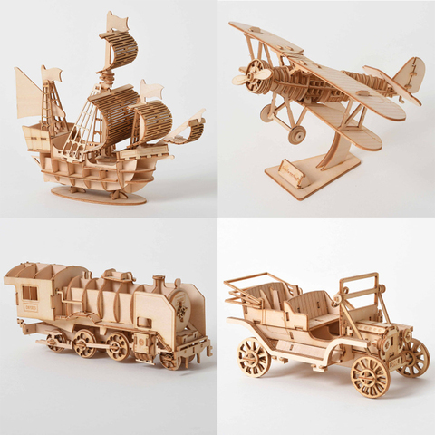 Laser Cutting Sailing Ship Biplane Steam Locomotive Toys 3D Wooden Puzzle Assembly Wood Kits Desk Decoration for Children Kids ► Photo 1/6