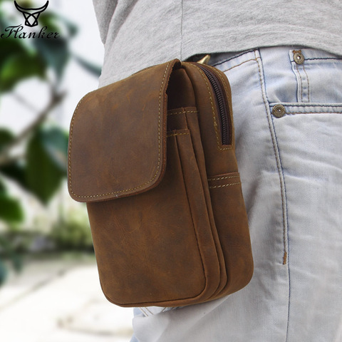Men Genuine Leather Waist Bag Phone Belt Pouch Waist Pack Hook