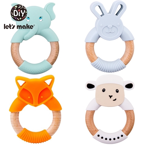 Let's Make 1pc Baby Toys Silicone Baby Teether Beech Wooden Ring Hand Teething Rattles Musical Chew Play Gym Montessori Stroller ► Photo 1/6