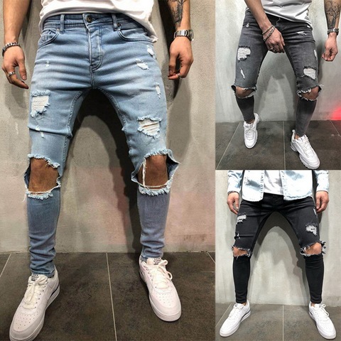 Streetwear Fashion Black Ripped Jeans Men Skinny Slim Fit Blue