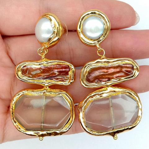 YYGEM natural Lemon Quartz Faceted Rectangle Cultured Brown Biwa Freshwater Pearl Gold Filled Edge Stud Earrings for women ► Photo 1/5