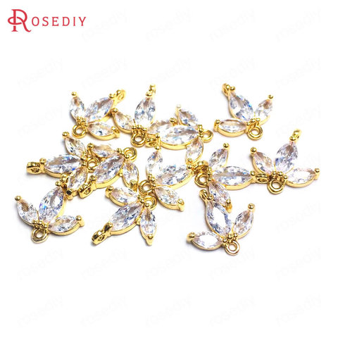 (38118)10PCS 13MM 24K Champagne Gold Color Brass Zircon 2 Holes Tree Leaf Leaves Connect Charms Pendants Jewelry Making Supplies ► Photo 1/1