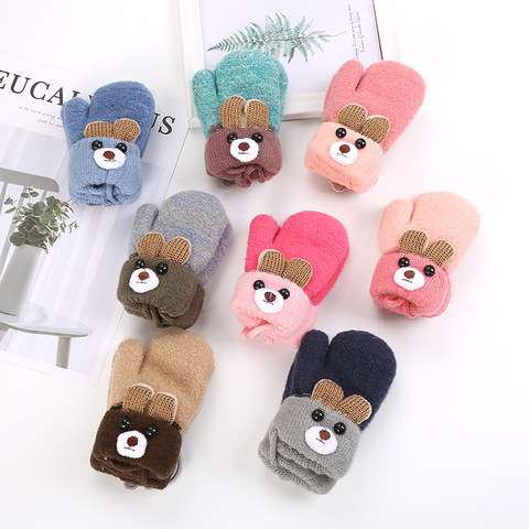 Cute Cartoon Bear Baby Gloves Winter Knitted Wool Infants Mittens Thicke Warm Full Rope Gloves For Boys Girls Toddlers 0-3 Y ► Photo 1/5