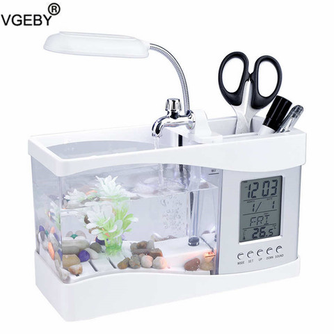 Mini Desktop Aquarium Fish Tank Beta Aquarium with LED Light LCD Display Screen and Clock Fish Tank Decoration with Pebbles ► Photo 1/6