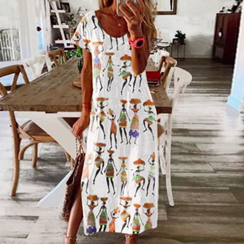 Women Short Sleeve Long Dress Summer Ethnic Style Digital Print Maxi Dresses Girls Loose Split Beach Sundress Vestidos ► Photo 1/5