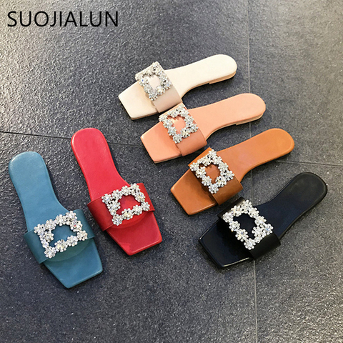 SUOJIALUN 2022 New Brand Women Slipper Fashion Bling Rhinestone Buckle Beach Slides Summer Sandal Shoes Open Toe Flip Flop ► Photo 1/6