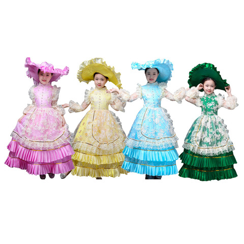 Kid Child girl 4 color Birthday Party Gown Dress Bow Dance 18th Century Queen Victorian Marie Antoinette dress with hat ► Photo 1/6