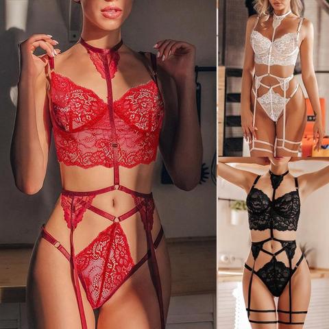 Sexy Lace Bra and Panty Set Women Garters Push Up Lingerie Bralette Thong ► Photo 1/1