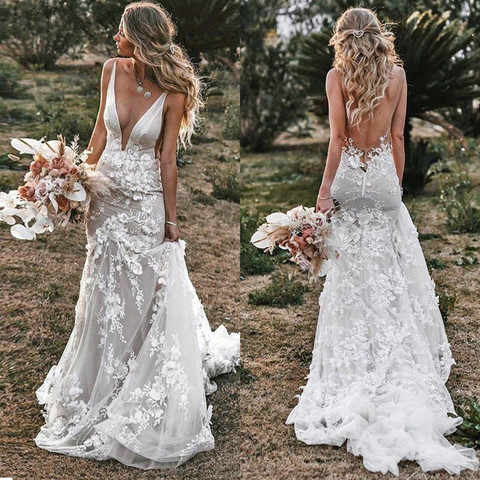 Vintage Mermaid Spaghetti Wedding Dress 2022 V-neck Backless Lace Appliques 3D Flowers Country Bridal Gown Plus Size Custom Made ► Photo 1/6