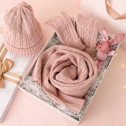 3PC Knitted Hat Scarf Glove Sets For Women's Winter Warm Wool Twist Cap Gorros Bonnet Solid Headband Knit Scarf New Year's Gift ► Photo 1/6