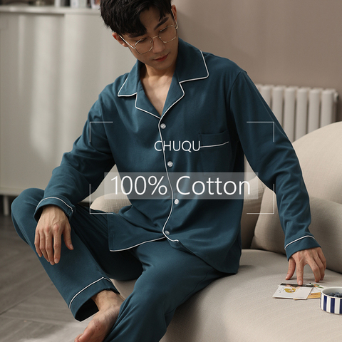 Winter 100% Cotton Pajamas Men Nightwear Blue Full Sleeves Sleepwear PJ Solid Pijama Hombre Homewear Cotton Pyjama Homme Hiver ► Photo 1/6