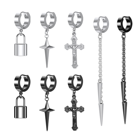 ZS Punk Cross Drop Earrings for Men woman Stainless Steel Hoop Dangle Cartilage Earrings Gothic Hip Hop Circle Round Earring ► Photo 1/6