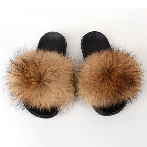 Women's fur slippers summer home slippers luxury fox fur sandals indoor fluffy cute raccoon fur large size plush leather shoes ► Photo 1/6