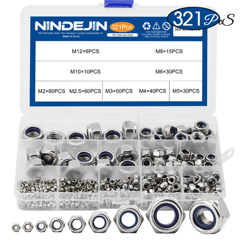 NINDEJIN 321pcs Nylon Lock Nut 304 Stainless Steel M2 M2.5 M3 M4 M5 M6 M8 M10 M12 Hex Hexagon Self locking Nut Assortment Kit ► Photo 1/6