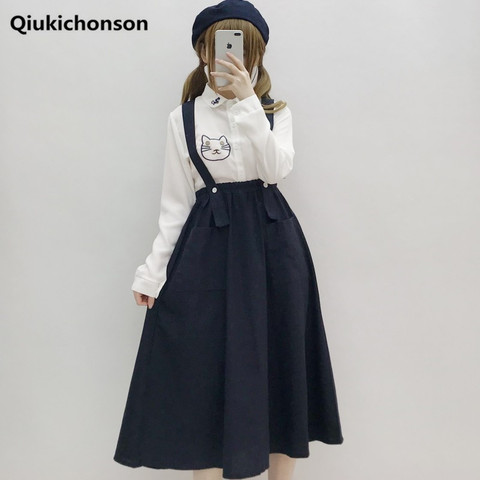 Japanese Mori Girl Long Skirt Midi Women Summer Preppy Style Navy Blue Sundress With Two Pockets Students Cute Suspender Skirts ► Photo 1/6