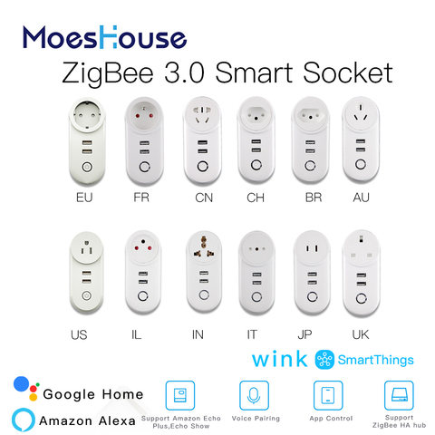 ZigBee 3.0 Smart Socket Plug with 2 USB Interface Remote Voice Control Work with SmartThings Wink Echo Plus and Most Zigbee Hub ► Photo 1/6