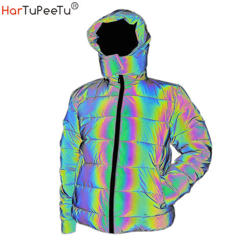 Women Colorful Rainbow Reflective Winter Jacket Windbreaker Reflecting Glow Hooded Parka Young Men Warm Padded Coat DropShipping ► Photo 1/6