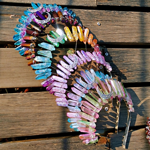 Romantic Colorful Jewelry Tiara Crown Rainbow Raw Quartz Crystal Headband Ethnic Antique Crescent Moon Metal Hair Hoop ► Photo 1/6