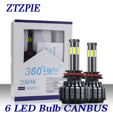 ZTZPIE 6000K 200W Car Light H8 H3 H7 H9 26000LM 9006/HB4 9005/HB3 H4 H11 h1 6/six Led Headlight Bulb Super Bright Car Light 12V ► Photo 1/6