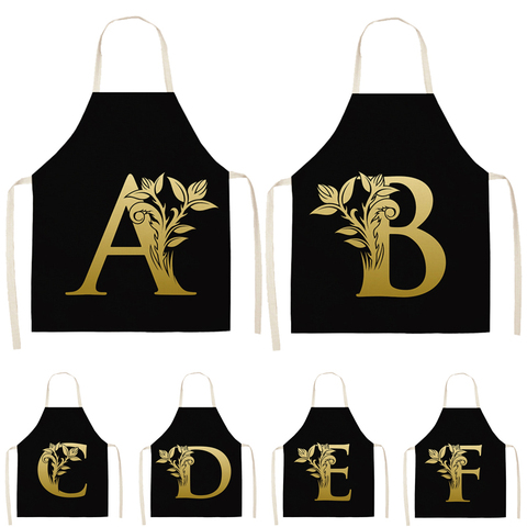 Gold Letter Alphabet Pattern Kitchen Apron 53*65cm For Woman Sleeveless Cotton Linen Aprons Cooking Home Cleaning Tools WQ0051 ► Photo 1/6