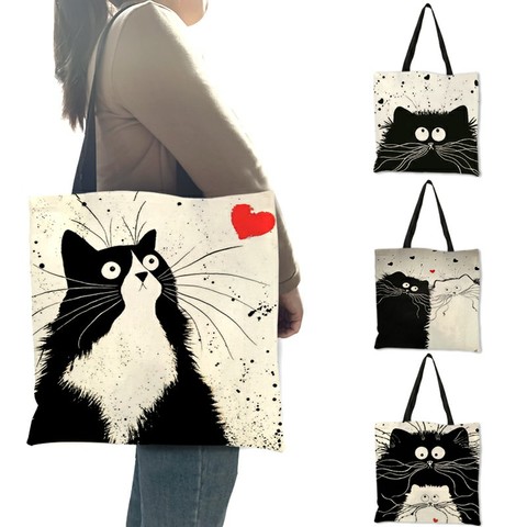 Customized Cute Cat Printing Women Handbag Linen Tote Bags with Print Logo Casual Traveling Beach Bags ► Photo 1/6