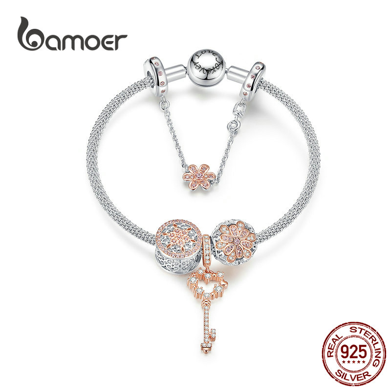 BAMOER Solid Daisy Charm Bracelet S925 Sterling silver For Women Fashion Jewelry 