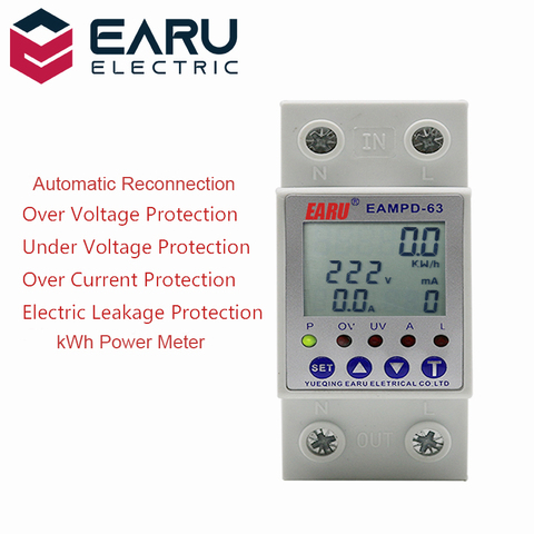 63A 230V Display Adjustable Current Earth Leakage Protection Over Under Voltage Protector Relay Device Energy Power kWh Meter ► Photo 1/6