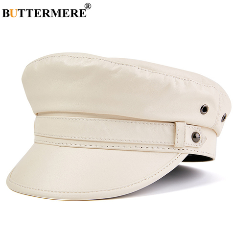 BUTTERMERE Military Hat Men Women Real Leather Sailor Cap White Black Brown Autumn Winter Male Genuine Leather Military Cap ► Photo 1/6